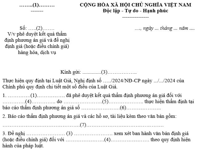 Mẫu văn bản phê duyệt kết quả thẩm định phương án giá và đề nghị định giá (hoặc điều chỉnh giá) của cơ quan có thẩm quyền định giá cụ thể? Tải về?