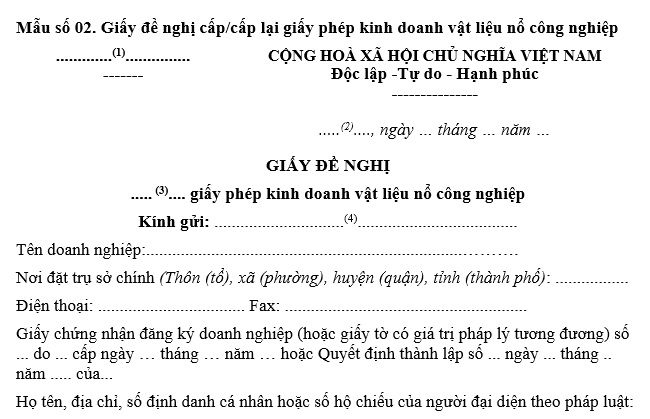 Giấy đề nghị cấp/cấp lại giấy phép kinh doanh vật liệu nổ công nghiệp? Tải về giấy đề nghị trên?