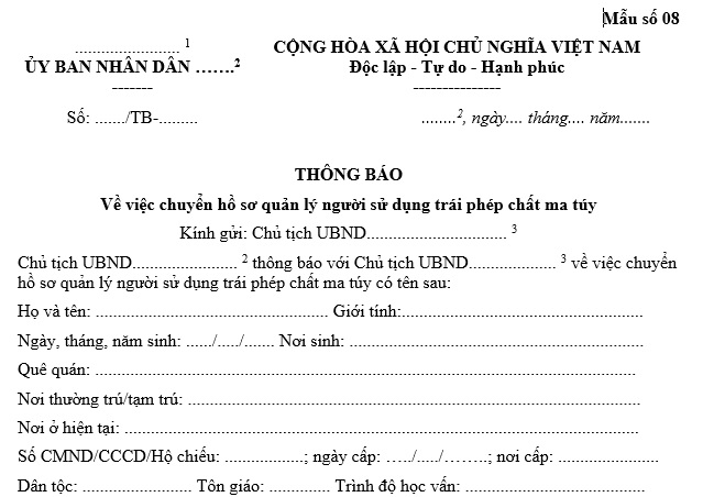 Mẫu thông báo về việc chuyển hồ sơ quản lý người sử dụng trái phép chất ma túy? Tải về mẫu thông báo?