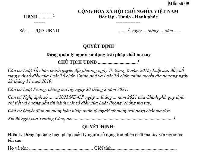 Mẫu quyết định dừng quản lý người sử dụng trái phép chất ma túy? Tải về mẫu quyết định dừng quản lý trên?
