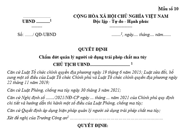 Mẫu quyết định chấm dứt quản lý người sử dụng trái phép chất ma túy? Tải về mẫu quyết định trên?
