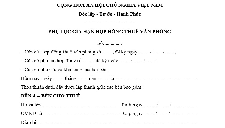 Mẫu phụ lục gia hạn hợp đồng thuê văn phòng mới nhất? Tải về? Phụ lục gia hạn hợp đồng thuê văn phòng có hiệu lực thế nào?