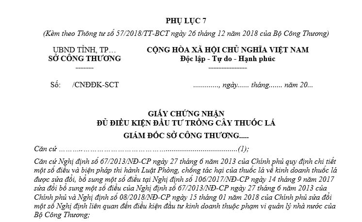 Mẫu giấy chứng nhận đủ điều kiện đầu tư trồng cây thuốc lá mới nhất? Tải về? Điều kiện cấp Giấy chứng nhận?