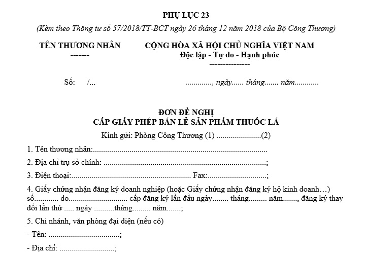 Mẫu Đơn đề nghị cấp Giấy phép bán lẻ sản phẩm thuốc lá mới nhất theo Thông tư 57? Tải về File word?