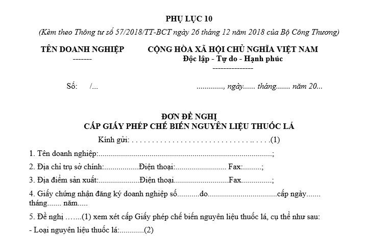 Mẫu đơn đề nghị cấp Giấy phép chế biến nguyên liệu thuốc lá? Tải về? Nguyên tắc quản lý, kinh doanh thuốc lá?
