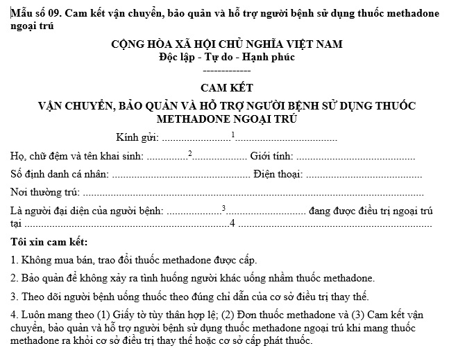 Mẫu cam kết vận chuyển, bảo quản và hỗ trợ người bệnh sử dụng thuốc methadone ngoại trú? Tải về?