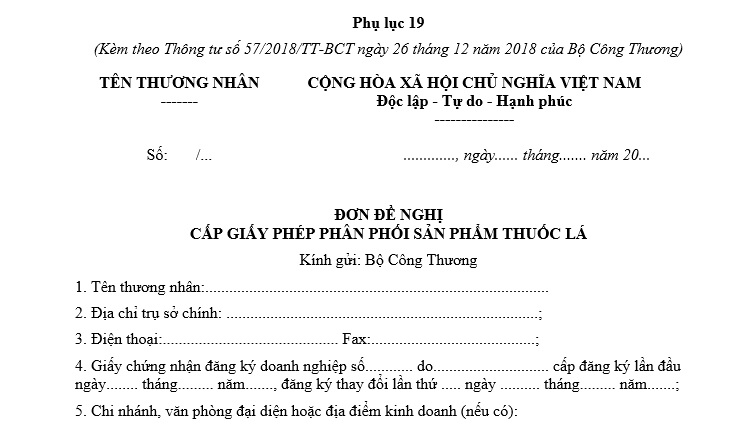 Mẫu đơn đề nghị cấp Giấy phép phân phối sản phẩm thuốc lá? Tải về?
