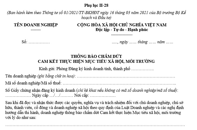 Mẫu thông báo chấm dứt cam kết thực hiện mục tiêu xã hội môi trường đối với doanh nghiệp xã hội? Tải về?