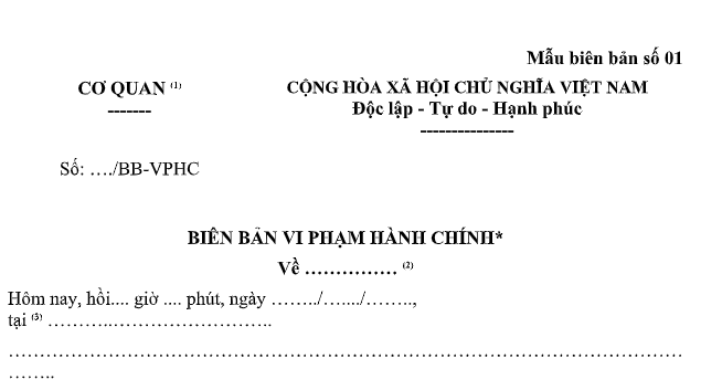 Mẫu Biên bản vi phạm hành chính Nghị định 118