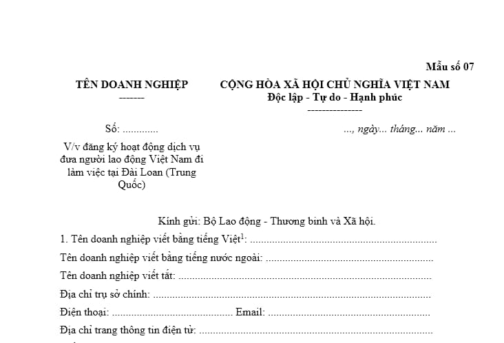 Văn bản đề nghị đăng ký hoạt động dịch vụ đưa người lao động Việt ...