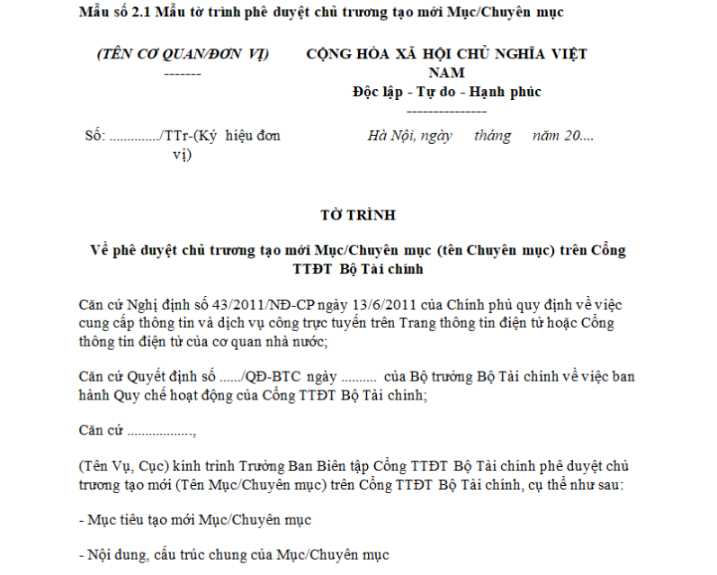 Mẫu tờ trình phê duyệt chủ trương trên Cổng thông tin điện tử Bộ Tài chính về tạo mới mục/chuyên mục? Tải về ở đâu?