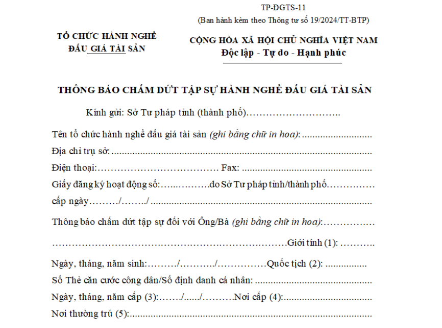 Mẫu thông báo chấm dứt tập sự hành nghề đấu giá tài sản? Quyền và nghĩa vụ của người tập sự là gì?