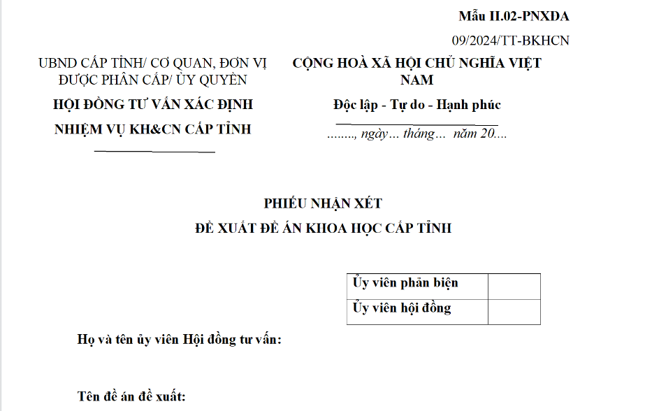 Mẫu Phiếu nhận xét đề xuất đề án khoa học cấp tỉnh sử dụng ngân sách nhà nước theo Thông tư 09? Tải về ở đâu?