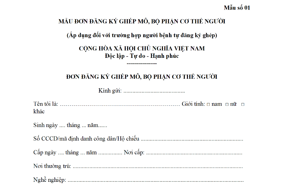 Mẫu Đơn đăng ký ghép mô, bộ phận cơ thể người (áp dụng đối với trường hợp người bệnh tự đăng ký ghép) theo Thông tư 48? Tải về?