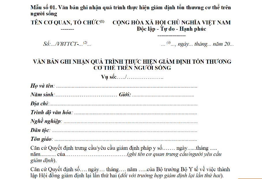 Mẫu Văn bản ghi nhận quá trình thực hiện giám định tổn thương cơ thể trên người sống theo Thông tư 42? Tải về?