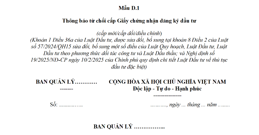 Mẫu Thông báo từ chối cấp Giấy chứng nhận đăng ký đầu tư (cấp mới, cấp đổi, điều chỉnh) theo Thông tư 06? Tải về ở đâu?