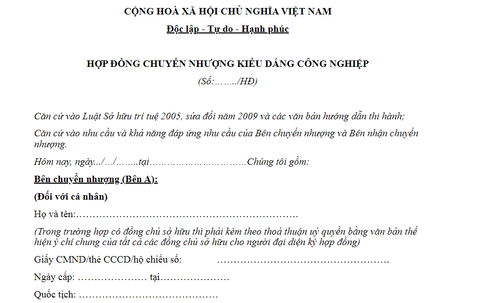 Mẫu Hợp đồng chuyển nhượng kiểu dáng công nghiệp mới nhất? Tải về? Đối tượng không được bảo hộ kiểu dáng công nghiệp?