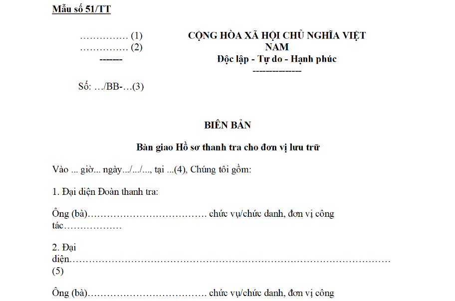 Mẫu Biên bản bàn giao hồ sơ thanh tra cho đơn vị lưu trữ do Thanh tra Chính phủ ban hành theo Thông tư 08? Tải về?