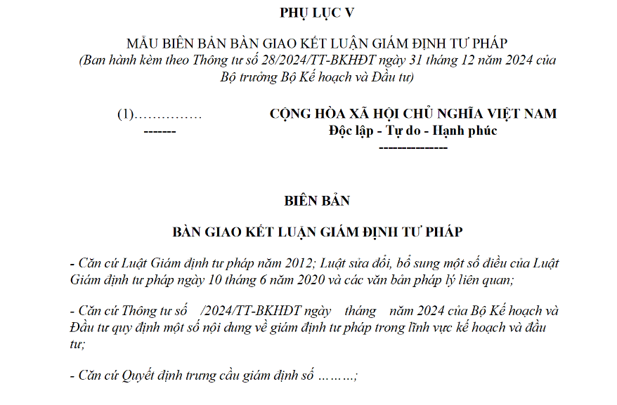 Mẫu Biên bản bàn giao kết luận giám định tư pháp trong lĩnh vực kế hoạch và đầu tư theo Thông tư 28? Tải về?