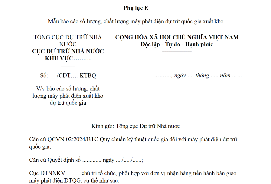Mẫu Báo cáo số lượng, chất lượng máy phát điện xuất kho dự trữ Quốc gia theo Thông tư 90? Tải về?