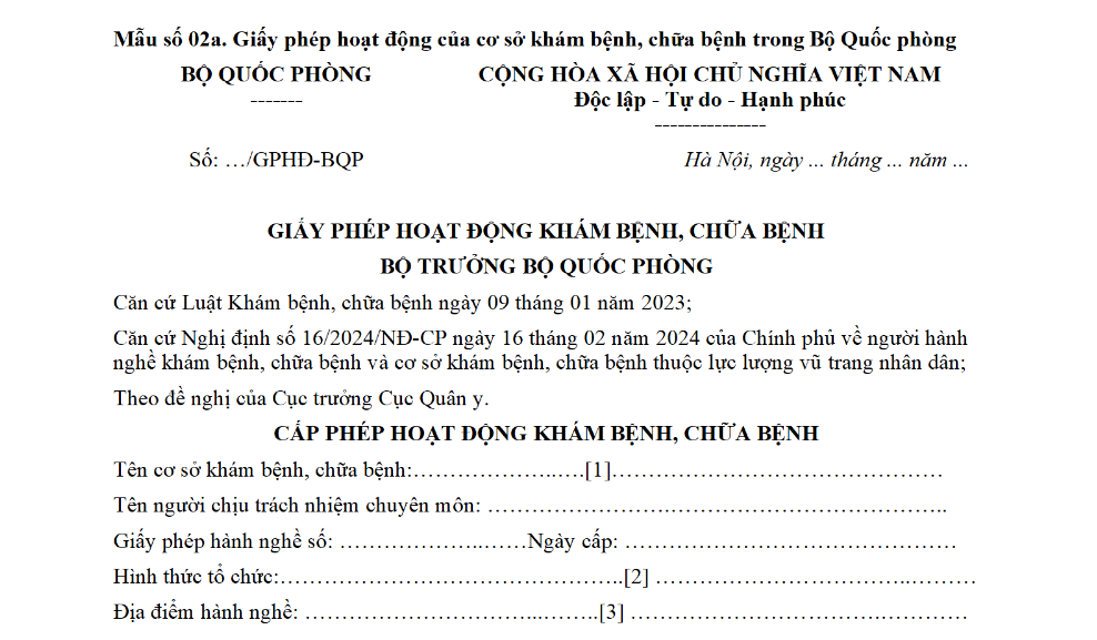 Mẫu Giấy phép hoạt động của cơ sở khám bệnh chữa bệnh trong Bộ Quốc phòng theo Nghị định 16? Tải về ở đâu?