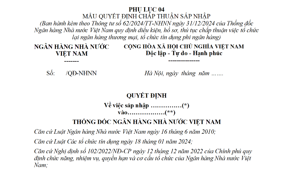 Mẫu Quyết định chấp thuận sáp nhập tổ chức tín dụng theo Thông tư 62? Tải mẫu? Điều kiện sáp nhập tổ chức tín dụng?