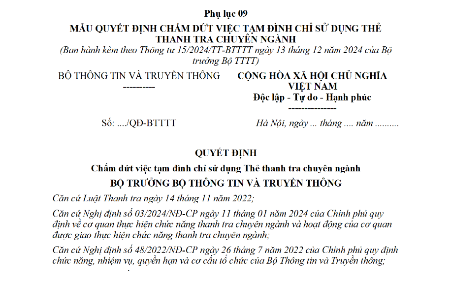 Mẫu Quyết định chấm dứt việc tạm đình chỉ sử dụng Thẻ thanh tra chuyên ngành Thông tin và Truyền thông theo Thông tư 15? Tải về?