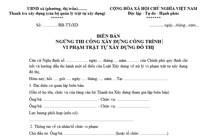 Mẫu biên bản ngừng thi công xây dựng công trình do vi phạm trật tự xây dựng đô thị là mẫu nào? Tải về ở đâu?