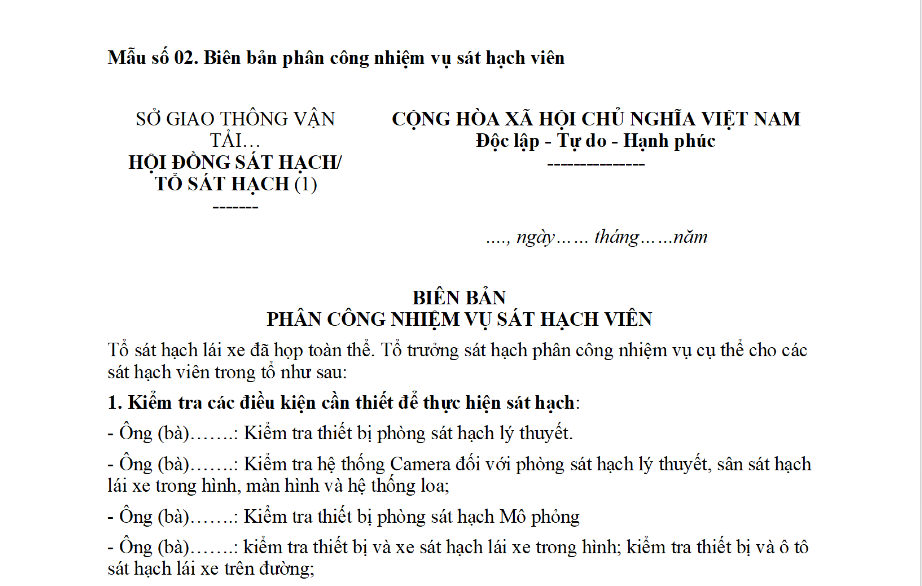 Mẫu Biên bản phân công nhiệm vụ sát hạch viên theo Thông tư 35? Tải mẫu? Yêu cầu và tiêu chuẩn đối với sát hạch viên?