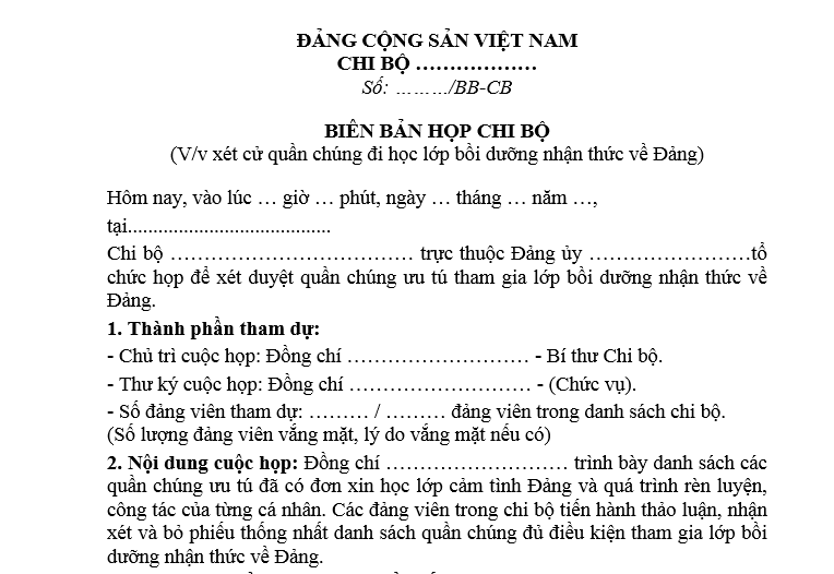 Mẫu Biên bản họp xét đi học cảm tình Đảng mới nhất? Tải mẫu Biên bản? Yêu cầu cần đạt khi học cảm tình Đảng?