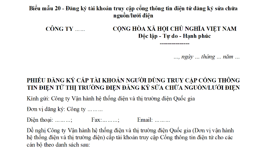 Mẫu Phiếu đăng ký tài khoản truy cập cổng thông tin điện tử thị trường điện đăng ký sửa chữa nguồn/lưới điện? Tải về?