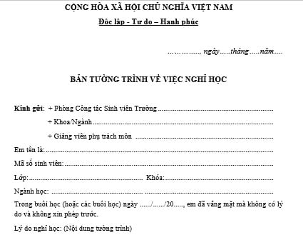 Mẫu tường trình nghỉ học không phép dành cho sinh viên: