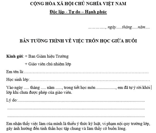 Mẫu tường trình trốn học giữa buổi tham khảo số 02: