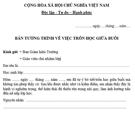 Mẫu bản tường trình trốn học giữa buổi số 03