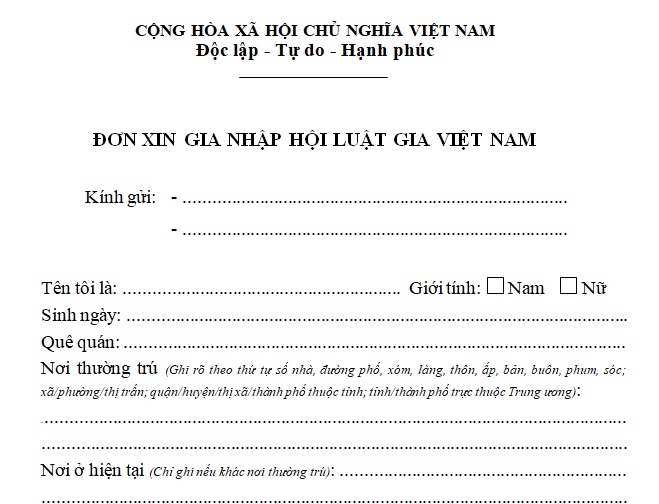 Đơn xin gia nhập Hội Luật gia Việt Nam