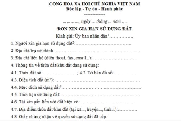 Mẫu đơn xin gia hạn sử dụng đất