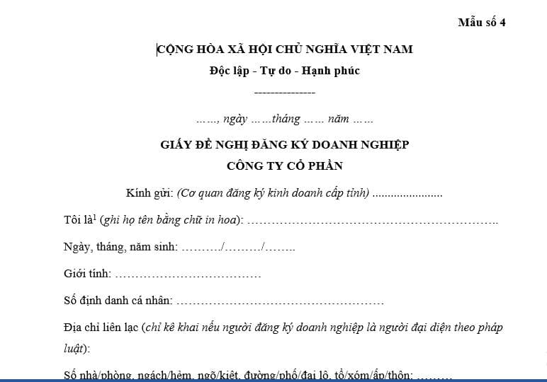 Giấy đề nghị đăng ký kinh doanh cho công ty cổ phần