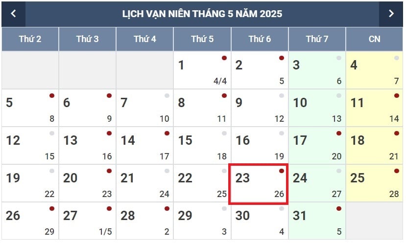 Ngày 23 tháng 5 là ngày gì? Ngày 23 5 2025 là thứ mấy? Ngày 23 tháng 5 có sự kiện gì ở Việt Nam?