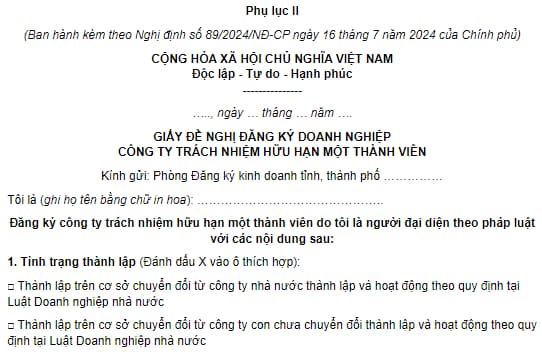 Giấy đề nghị đăng ký doanh nghiệp Công ty TNHH 1 thành viên