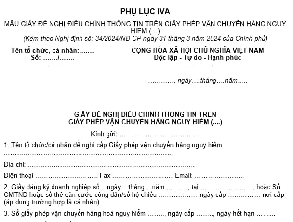 Mẫu giấy Đề nghị điều chỉnh thông tin trên Giấy phép vận chuyển hàng nguy hiểm