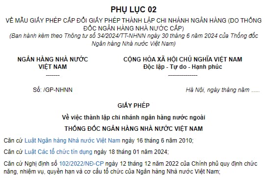 mẫu Giấy phép cấp đổi giấy phép thành lập chi nhánh ngân hàng (do Thống đốc Ngân hàng Nhà nước cấp)