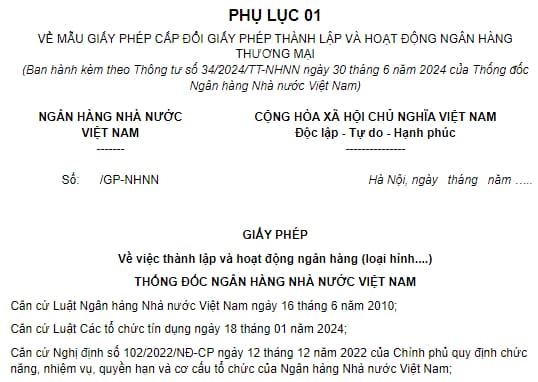 Mẫu Giấy phép cấp đổi giấy phép thành lập và hoạt động Ngân hàng thương mại 