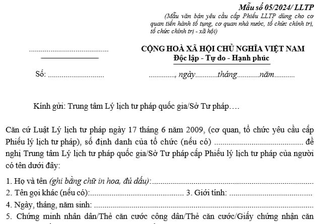 Mẫu văn bản yêu cầu cấp Phiếu LLTP dùng cho cơ quan tiến hành tố tụng, cơ quan nhà nước, tổ chức chính trị, tổ chức chính trị - xã hội 