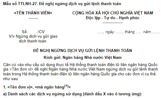 Đề nghị ngừng dịch vụ gửi lệnh thanh toán