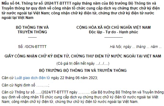 Giấy công nhận chữ ký điện tử, chứng thư điện tử nước ngoài tại Việt Nam 