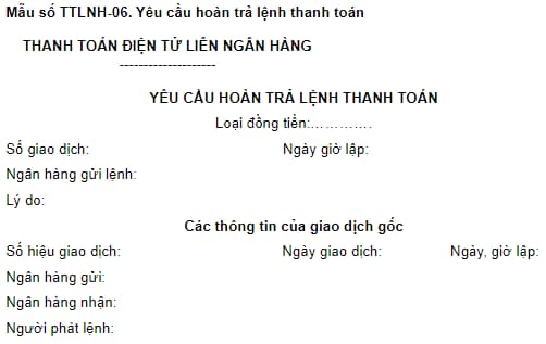 Mẫu số TTLNH-06 Yêu cầu hoàn trả lệnh thanh toán