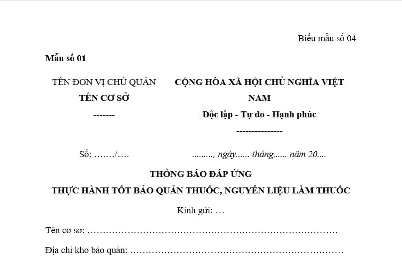 Thông báo đáp ứng thực hành tốt bảo quản thuốc, nguyên liệu làm thuốc