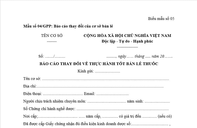 Mẫu báo cáo thay đổi của cơ sở bán lẻ thuốc