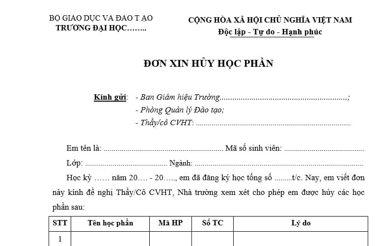 Mẫu đơn xin hủy học phần đã đăng ký của sinh viên đại học? Sinh viên đại học đào tạo theo tín chỉ có phải đăng ký học phần không?