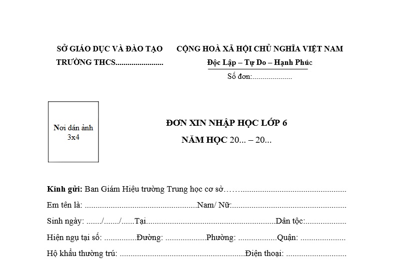Mẫu Đơn xin nhập học lớp 6? Đơn xin nhập học của học sinh lớp 6 là gì? Học sinh lớp 6 được quyền chuyển trường không?